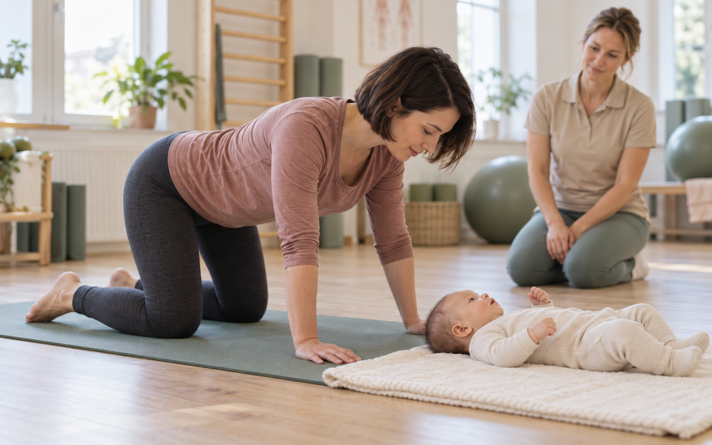 Symbolbild: Mutter bei einer Rückbildungsübung mit ihrem Baby neben der Matte.
